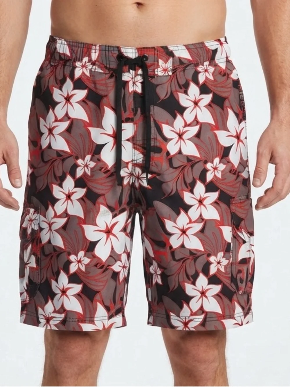 O'Rageous Floral Swim Trunks with Red & White Hibiscus Print Size XL